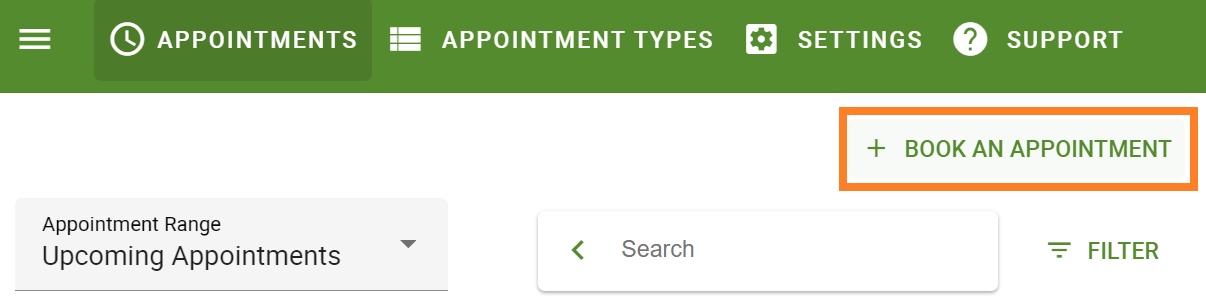 Book an Appointment button on the admin dashboard.