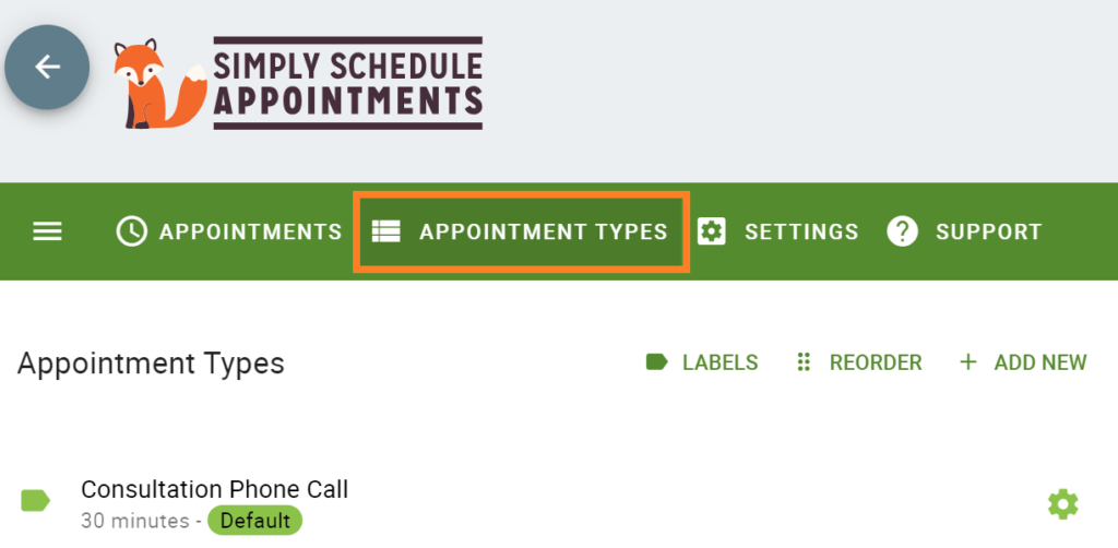 The Appointment Types tab on the admin dashboard navigation.