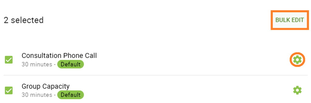 Bulk editing appointment types with the Bulk Edit option, and using the gear to edit individual ones.