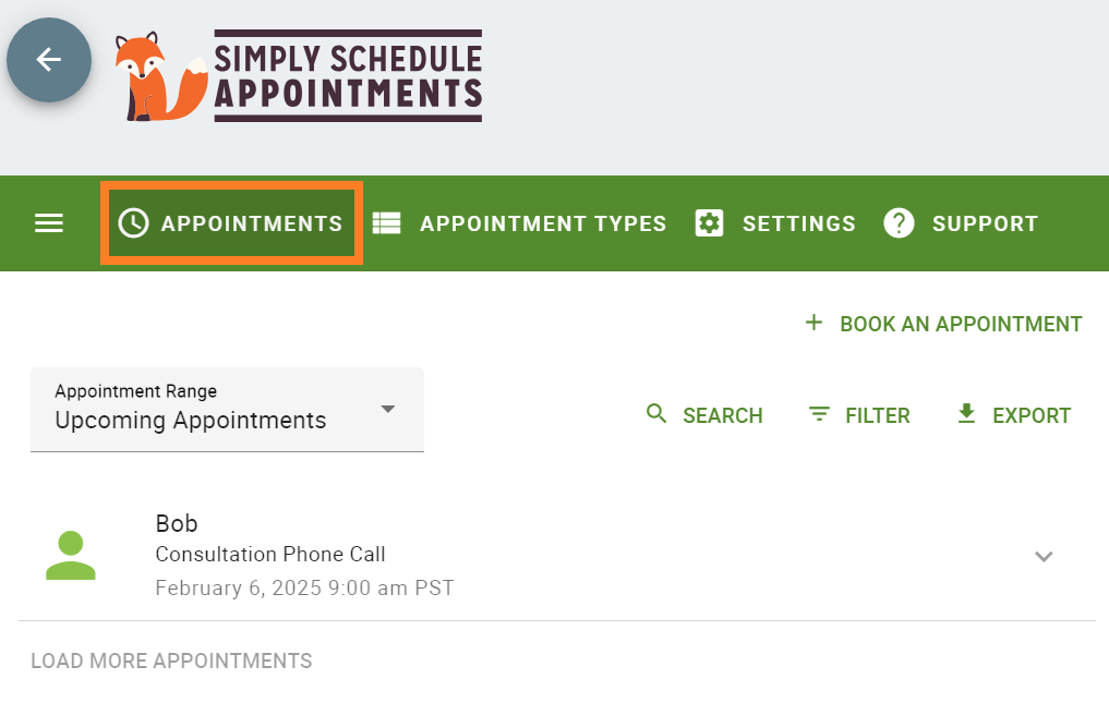 Appointments tab in the Admin dashboard.