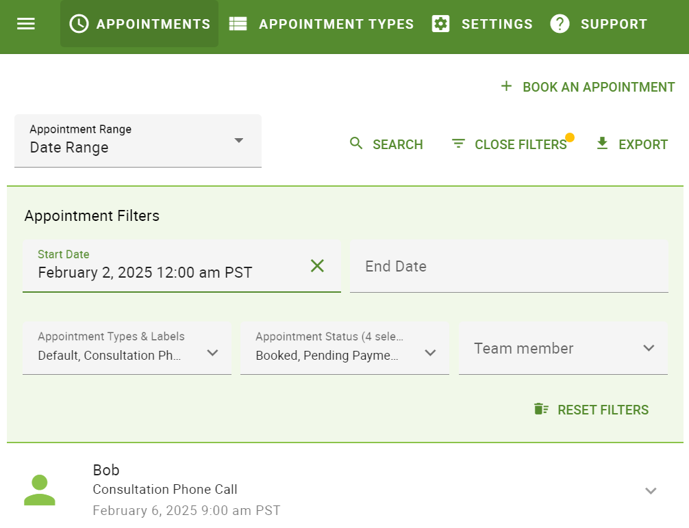 Using the Date filter to navigate appointments.