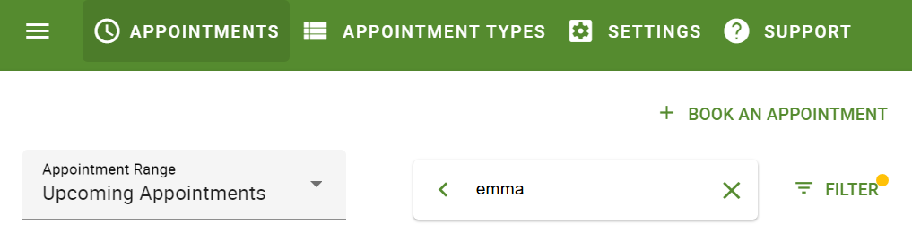 Entering a search term to filter by appointments.