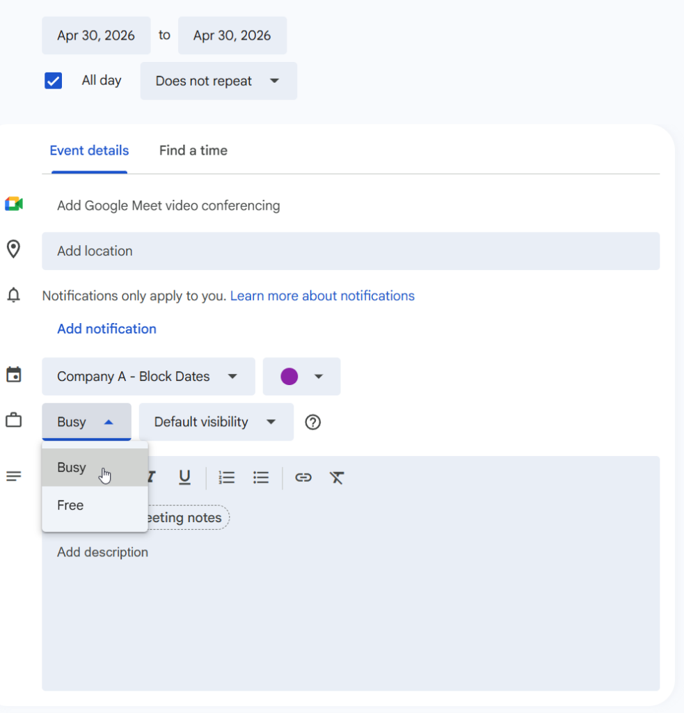 Adding a Google Event