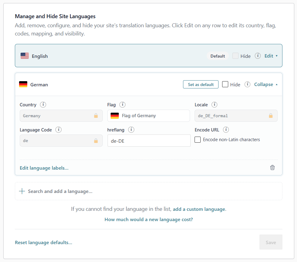 WPML Languages settings with the German row's Edit menu open and the Locale set to de_DE_formal